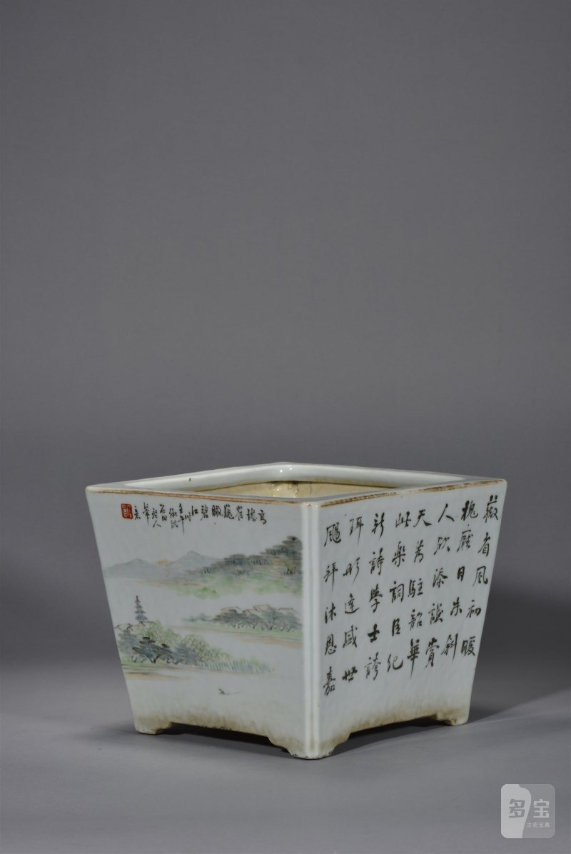 清光绪 汪藩浅绛彩山水花鸟四方花盆 - 图4